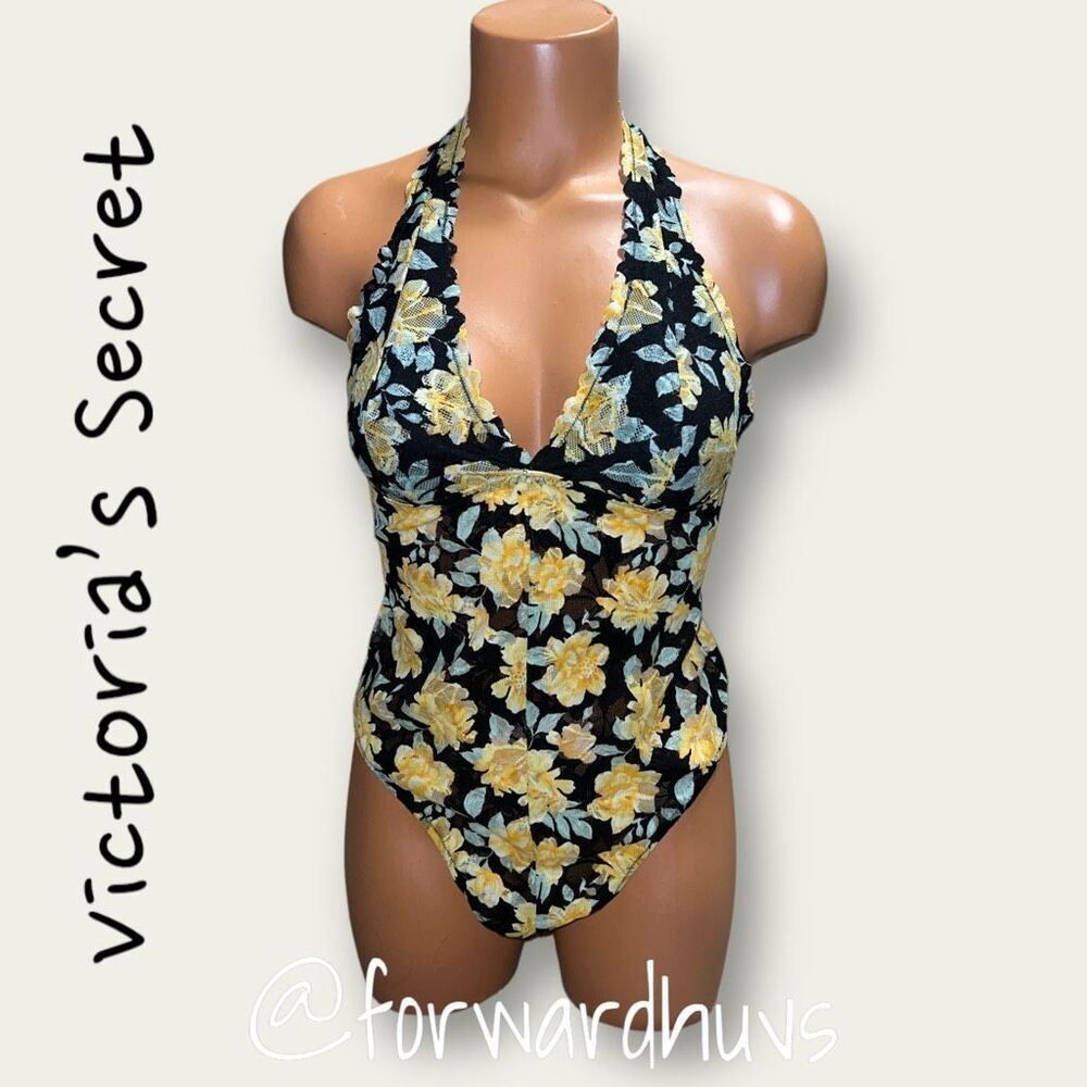 PINK Victoria’s Secret Halter Bodysuit Thong Black & Yellow Floral Size MED | NE